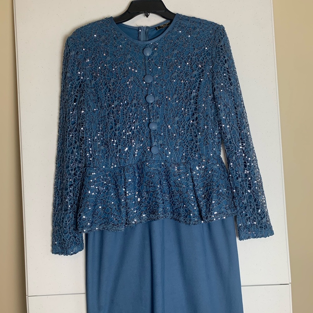 Modest Evening Dress Teal Blue long sleeve Stretch Sequins belt Sz 44 (Turkey) - Picture 15 of 17